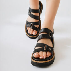 Aima Black Rivet Buckle Detailed Stitched Sandals