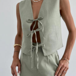 Bow Linen Vest Khaki