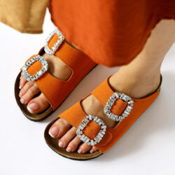 Brisa Orange Double Banded Stone Buckle Detailed Slippers