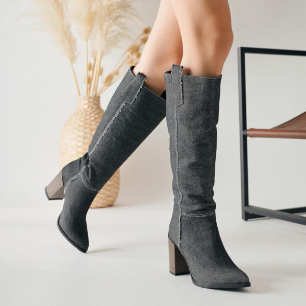 Chaimaa Anthracite Pointed Toe Denim Boots