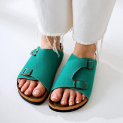 Christella Green Suede Double Buckle Detailed Slippers