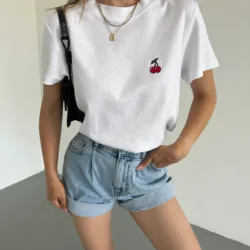 Crew Neck Cherry Embroidered T-shirt White