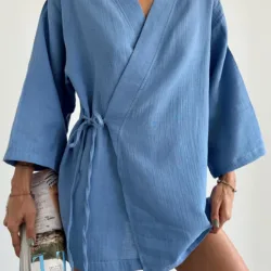 Cross-Lace Linen Kimono Blue