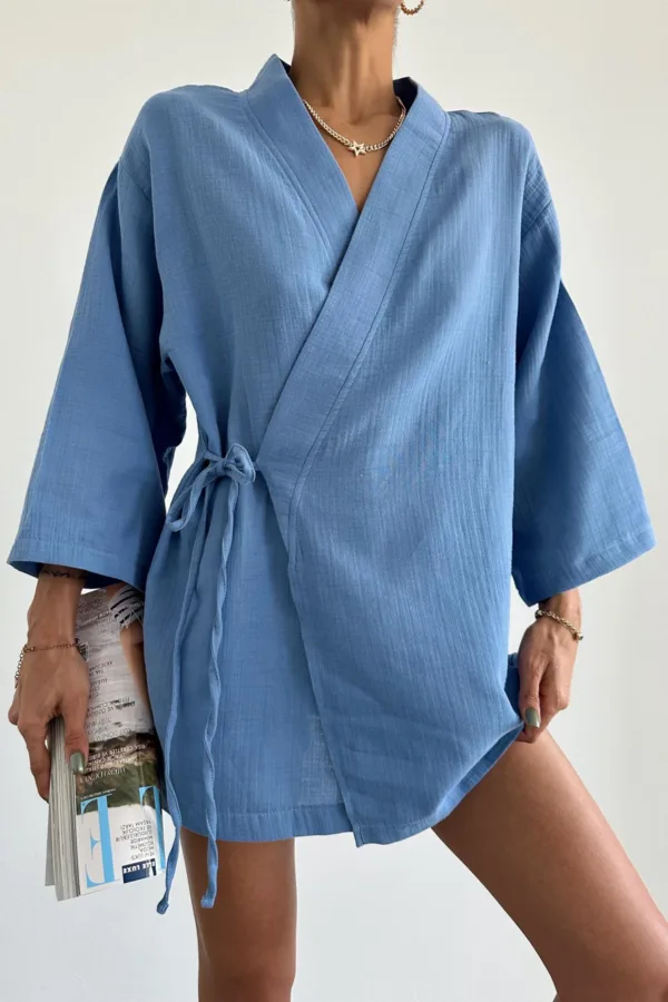 Cross-Lace Linen Kimono Blue