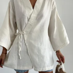 Cross-Laced Linen Kimono Cream