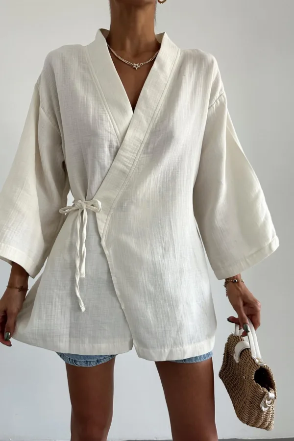 Cross-Laced Linen Kimono Cream