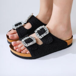 Ellina Black Double Banded Stone Buckle Detailed Knitted Slippers