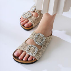 Ellina Cream Double Banded Stone Buckle Detailed Knitted Slippers