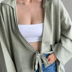 Front Tie Linen Kimono Khaki