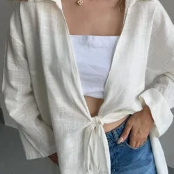 Front Tie Linen Kimono White