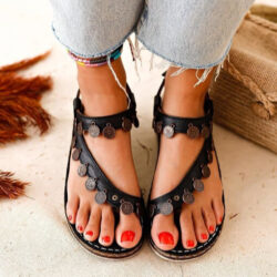 Genuine Leather Lilah Black Coin Detailed Sandals