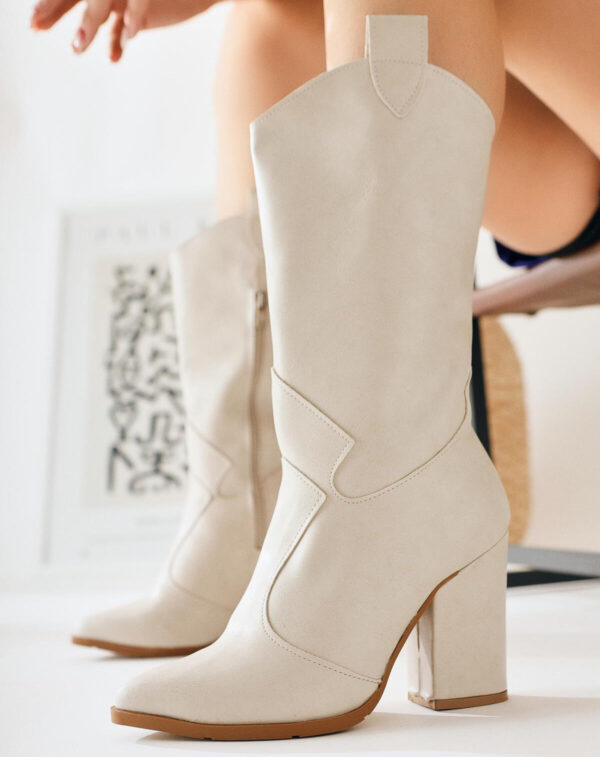 Keri Beige Asymmetric Cut Heeled Short Boots