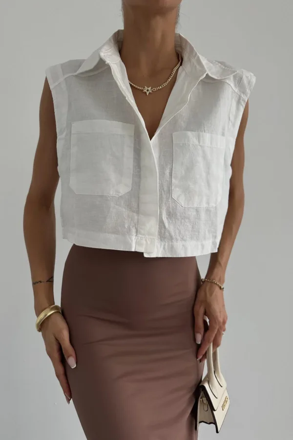 Linen Double Pocket Crop Shirt White