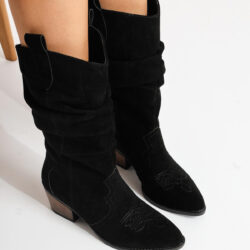 Lise-Britt Black Suede Gusseted Embroidered Western Boots