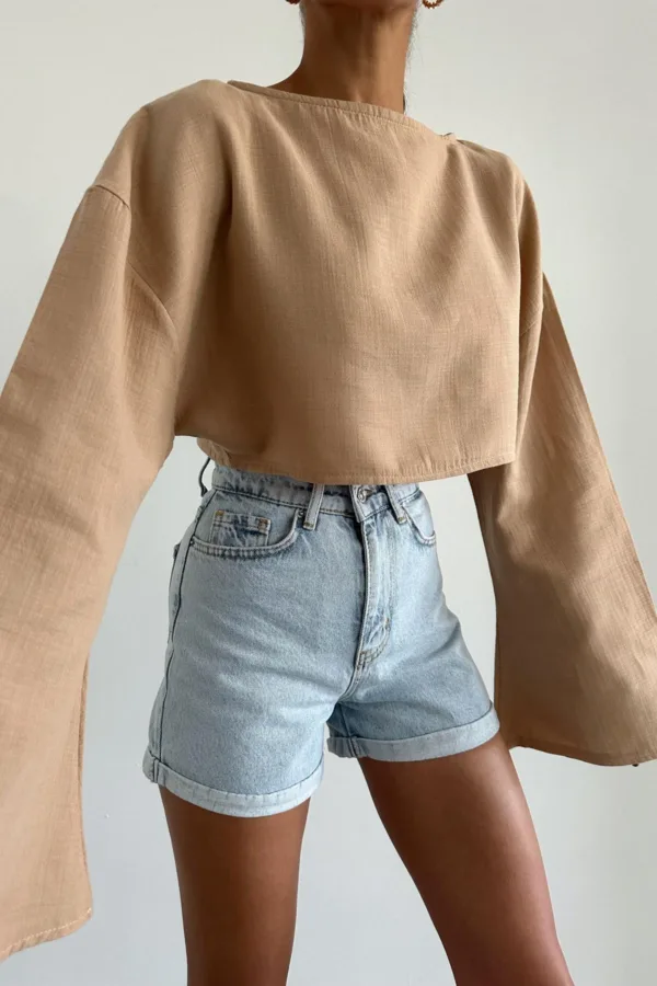 Long Sleeve Crop Blouse Beige