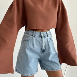 Long Sleeve Crop Blouse Brown