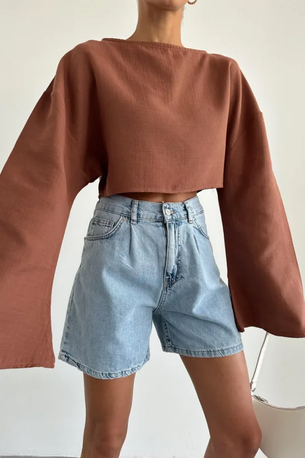 Long Sleeve Crop Blouse Brown