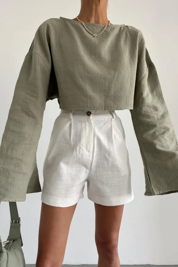 Long Sleeve Crop Blouse Khaki