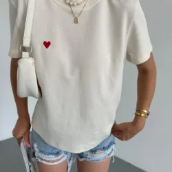 Mini Heart Embroidered T-shirt Beige