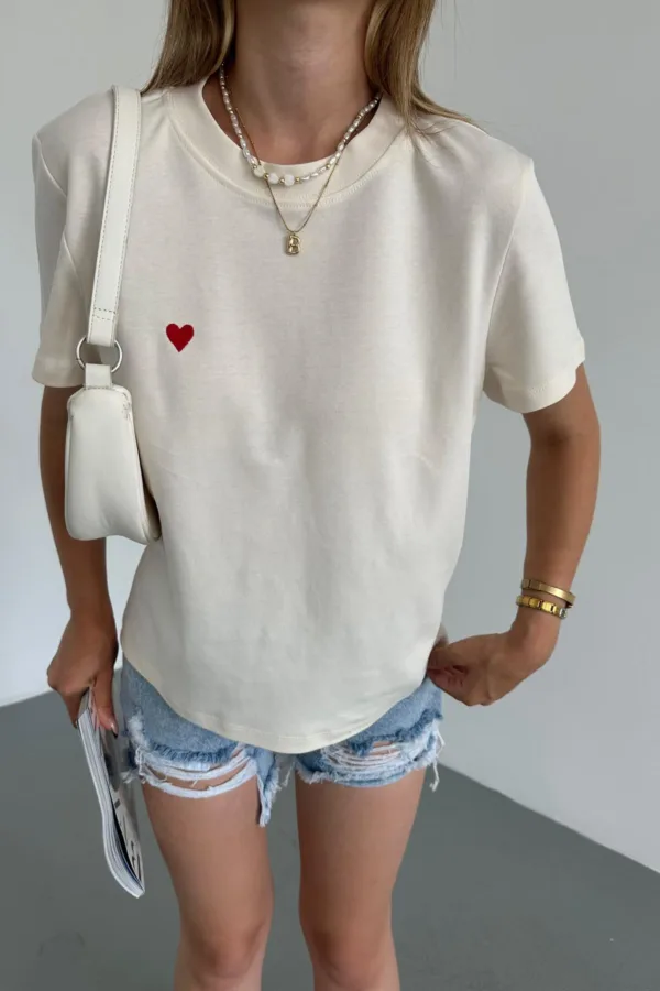 Mini Heart Embroidered T-shirt Beige