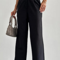 Pleated Detail Linen Palazzo Trousers Black