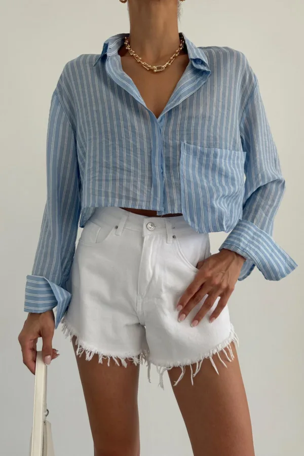 Pocket Detail Striped Crop Shirt Blue