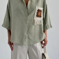 Pocket Embroidered Detail Shirt Khaki