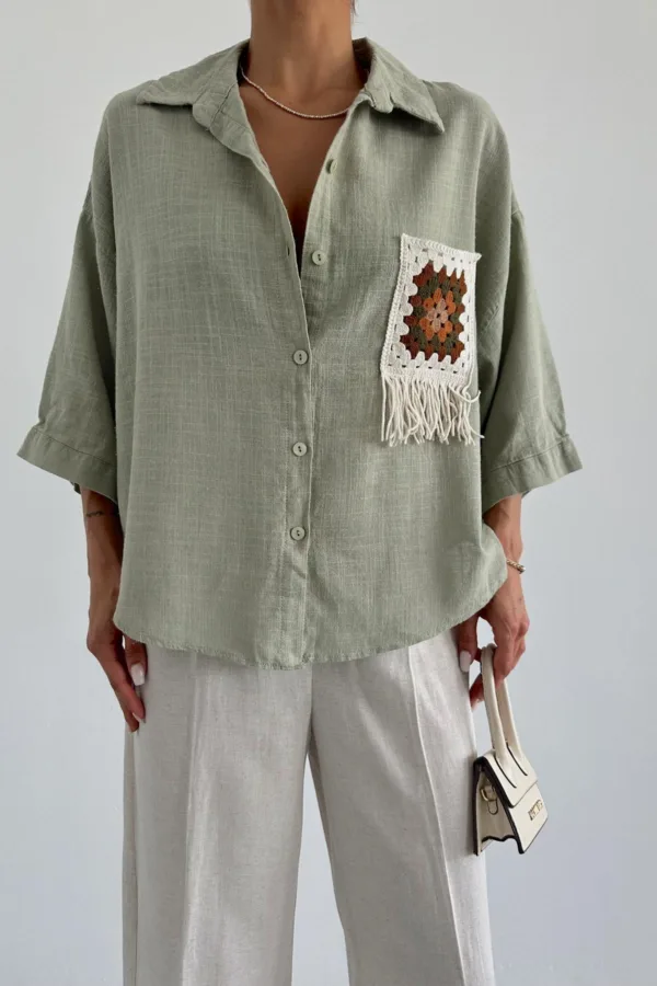 Pocket Embroidered Detail Shirt Khaki