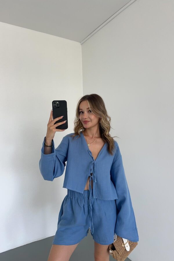 Ribbon Muslin Crop Shirt Blue