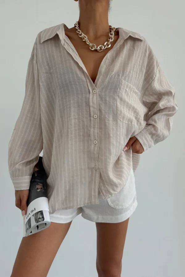 Single Pocket Oversize Striped Shirt Beige