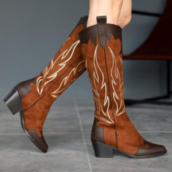 Spring Brown Suede Embroidered Leather Detailed Heeled Western Boots