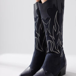 Spring Navy Blue Suede Embroidered Leather Detailed Heeled Western Boots