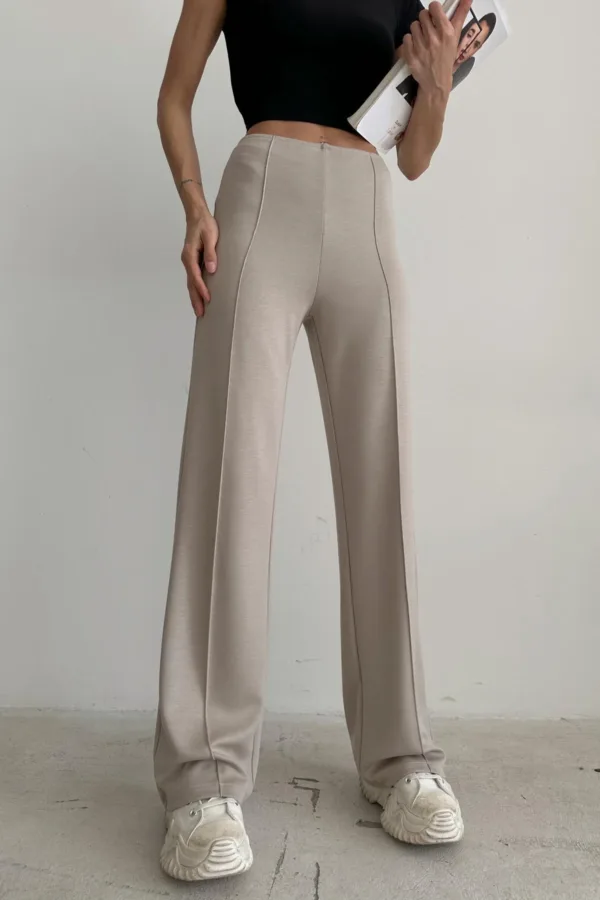 Stitch Detail Scuba Palazzo Trousers Beige