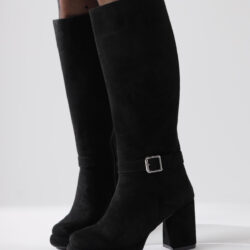 Timna Black Suede Round Toe Buckle Detailed Boots