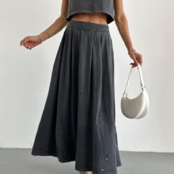 Torn Detail Washed Skirt Set Anthracite