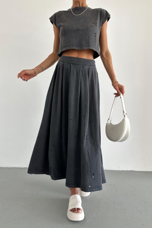 Torn Detail Washed Skirt Set Anthracite