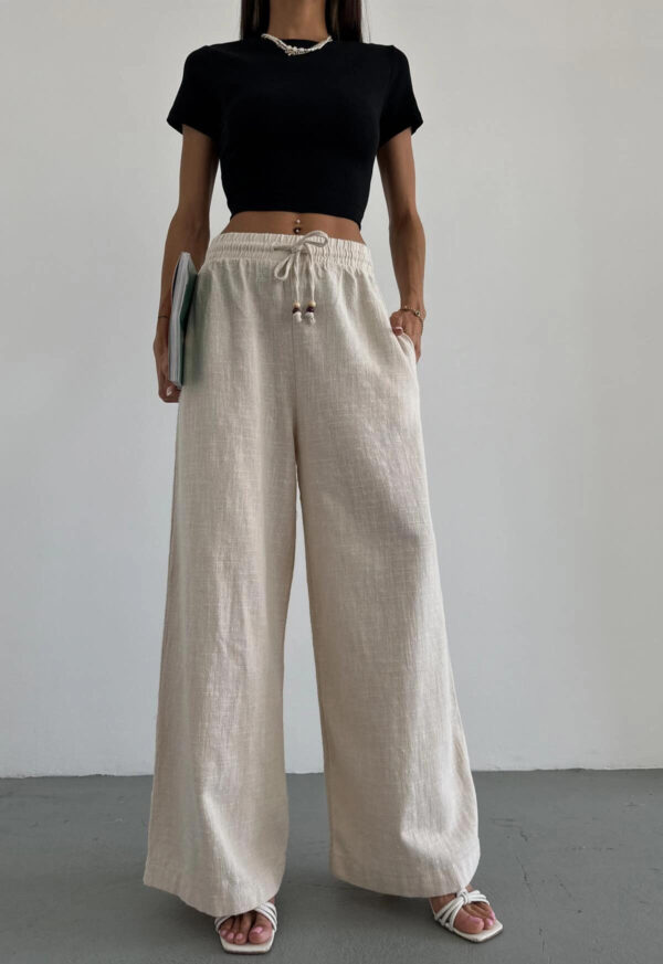 Wide Leg Linen Lace-Up Trousers Beige