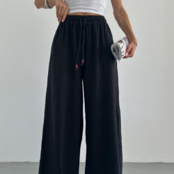 Wide Leg Linen Lace-Up Trousers Black