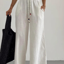 Wide Leg Linen Laced Trousers Ecru