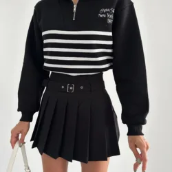 Zip Collar Striped Sweat Black