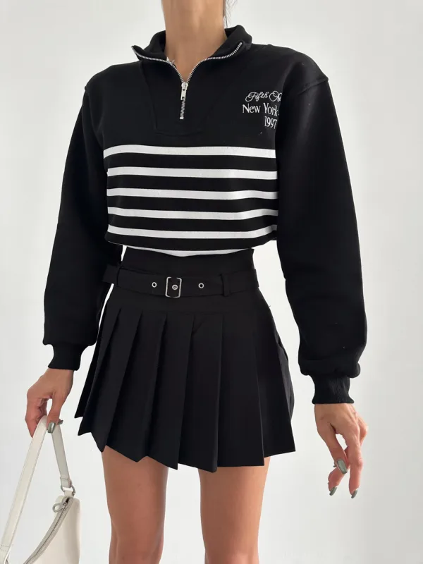 Zip Collar Striped Sweat Black