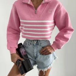 Zip Collar Striped Sweat Pink