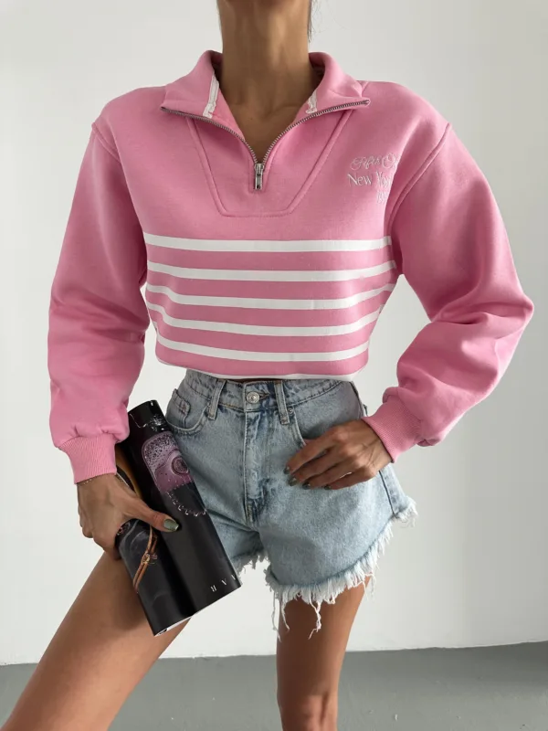 Zip Collar Striped Sweat Pink