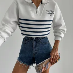 Zip Collar Striped Sweat White