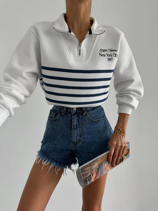 Zip Collar Striped Sweat White