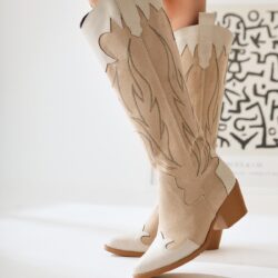 Spring Beige Suede Embroidered Leather Detailed Heeled Western Boots