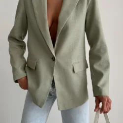 Single Button Linen Blazer Jacket Light Green