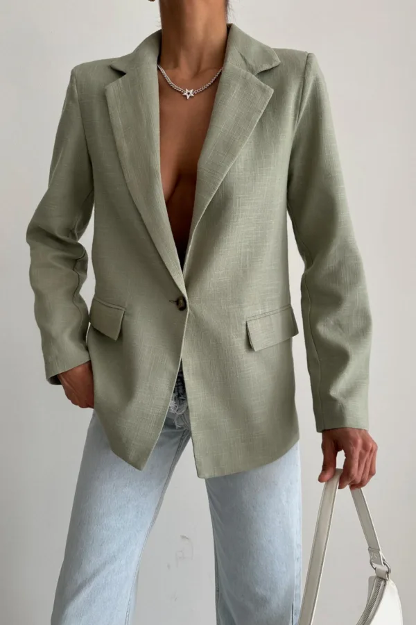 Single Button Linen Blazer Jacket Light Green