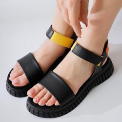 Jeny Black Thick Strap Velcro Comfortable Soled Sandals