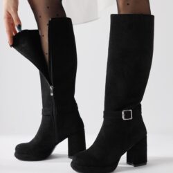 Timna Black Suede Round Toe Buckle Detailed Boots